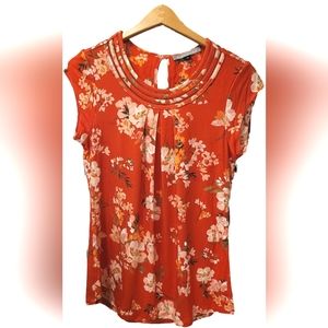 Daniel Rainn Scoop Neck Cap Sleeves Orange Floral Blouse - Medium - NWT